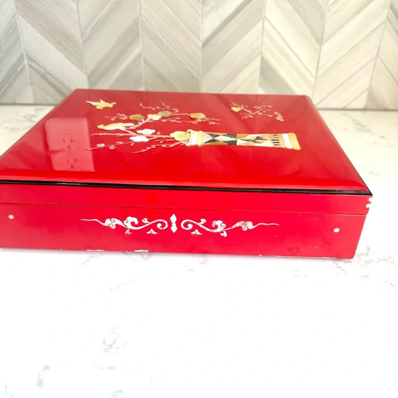 Vintage Lacquered Red Box Mother of Pearl Abalone Inlay Asian Box Stationary Box - Picture 8 of 16